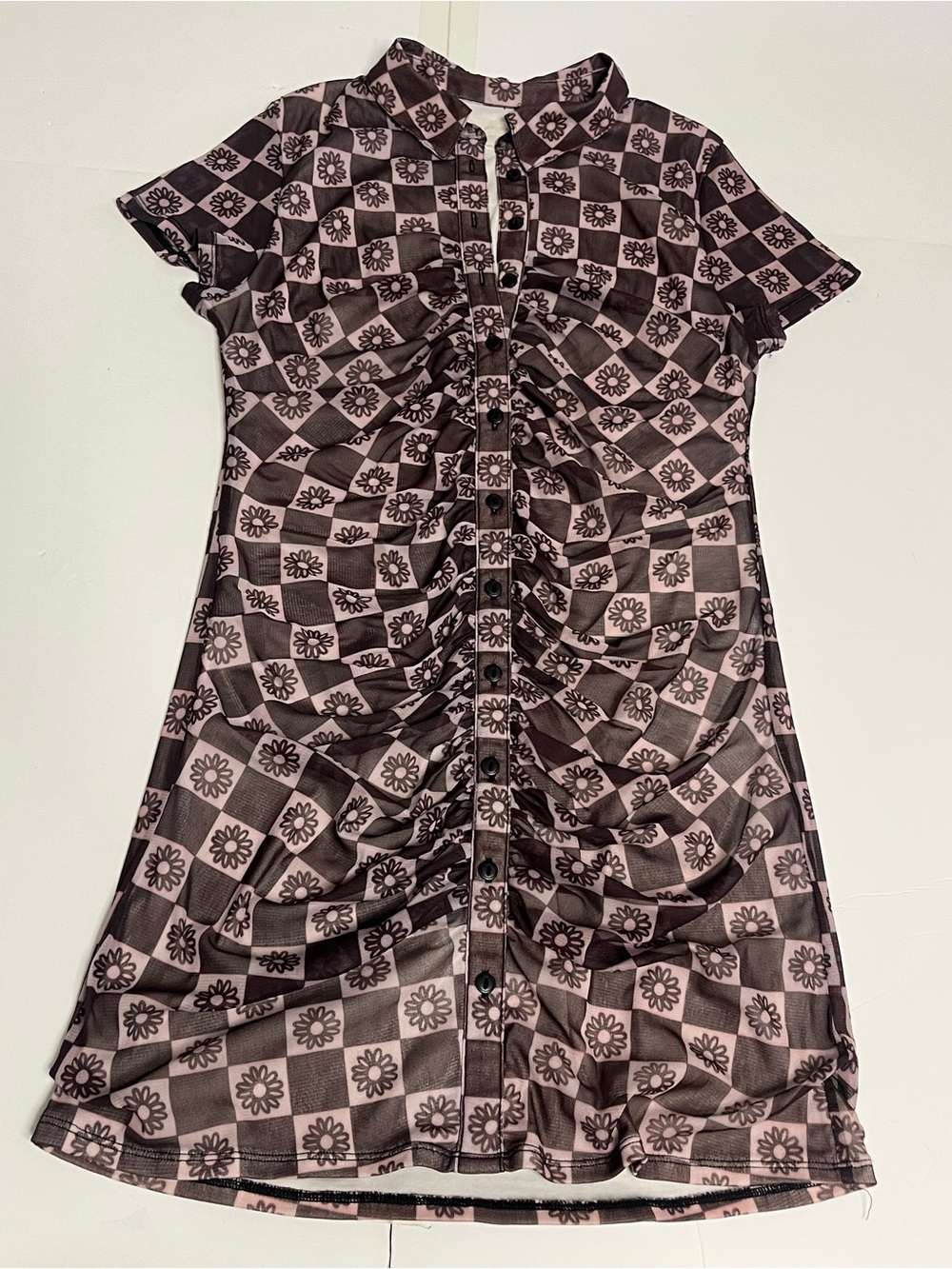 Urban Outfitters L Daisy Checkerboard Ruched Mesh Dress Stretch 90s Y2K Grunge